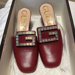 Gucci Women's Burgundy Leather Mules with Silver Accents
